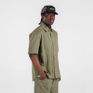 New Era Branded Ellicott Green Bark Twill Half Sleeve Button Up Shirt